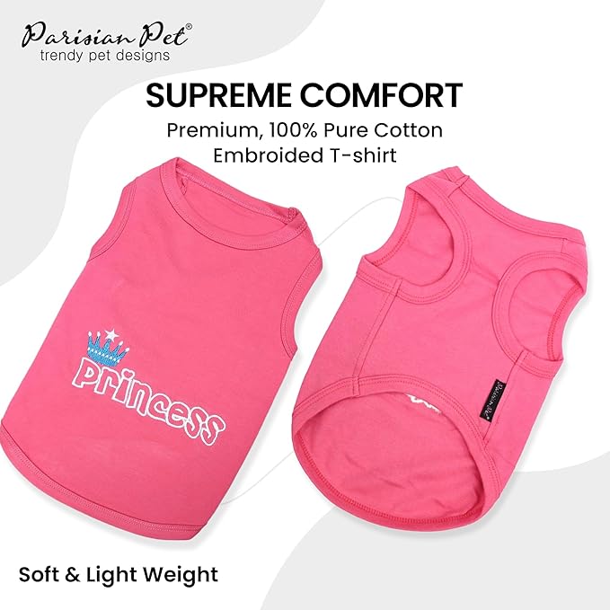 Parisian Pet Dog T-Shirt - Embroidered ' Princess' Breathable Pink Tank Top - Sleeveless Pet Vest - Princess Dog Tee Shirts for Small Dogs - XXS
