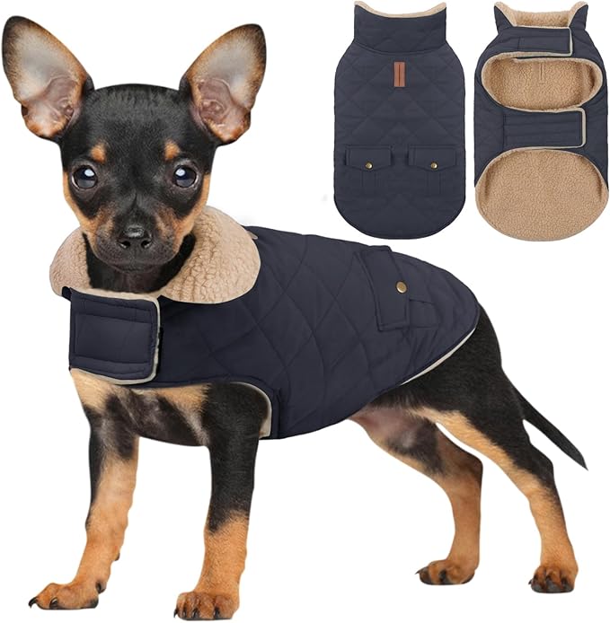 Winter Coat for Small Dogs, Puppy Plaid Jacket, Dog Jacket for Cold Weather, Windproof Warm Garments, Pets Thickened Outfits Indoor Outdoor, NavyBlue S