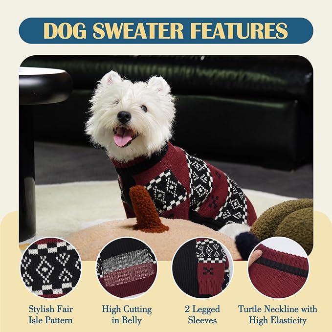 ROZKITCH Dog Sweaters for Small Medium Dogs Boy Girl, Christmas Sweater Holiday Outfit, Classic Fair Isle Pattern Knit Pullover, Warm Winter Clothes for Cats Small Dogs DarkRed M