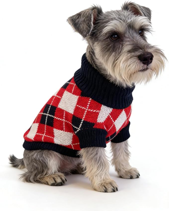 Small Dog Cold Weather Sweaters – Warm Knit Turtlenecks, Cozy Pet Pullovers Dog Clothes with Leash Hole for Chihuahua Bulldog Pug Beagles (Red/Black/White, X-Large)