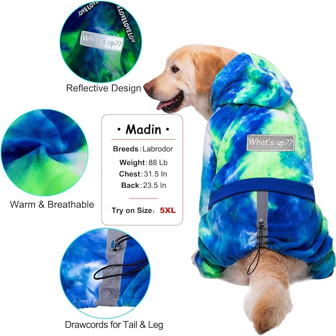 Dog Hoodies Winter Coat for Large Medium Dogs, Pullover 6 Legs Warm Coat Hooded Sweatshirt, Fleece Hoodie for Cold Weather (Bandhnu Green, 3X-Large)