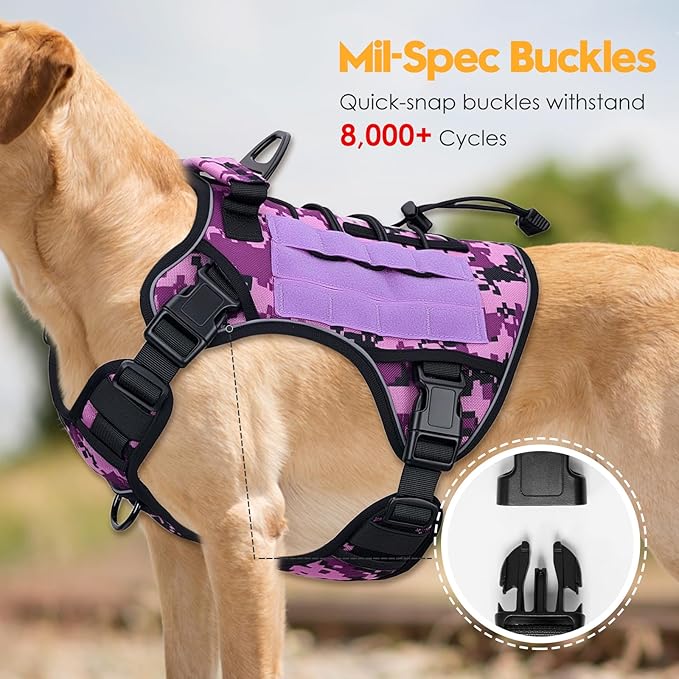 Heavy-Duty Tactical Dog Harness for Large Dogs, No Pull Adjustable Reflective Pet Vest with Molle System, K9 Military-Grade Control for Service Training, Outdoor & 10+ Breeds, Purple Camo, XX-Large