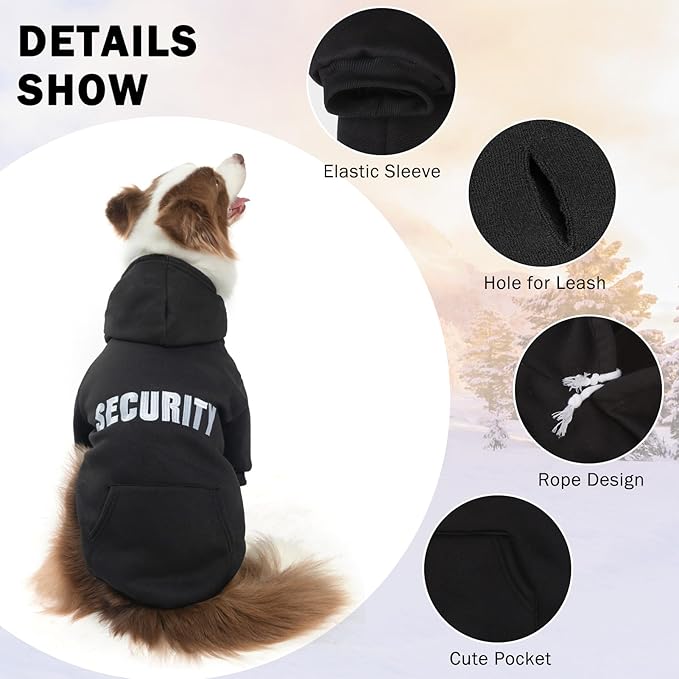 SCENEREAL Security Dog Hoodie Sweater for Large Medium Small Dogs, Embroidered Dog Clothes with Hat Pockets and Leash Hole, Soft Warm Fleece Pets Cold Weather Halloween Costumes for Boys Girls