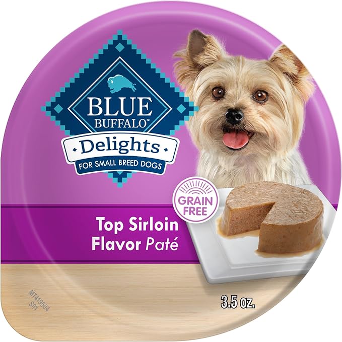 Blue Buffalo Delights Natural Adult Small Breed Wet Dog Food Cups, Pate Style, Top Sirloin Flavor in Savory Juice 3.5-oz (Pack of 12)