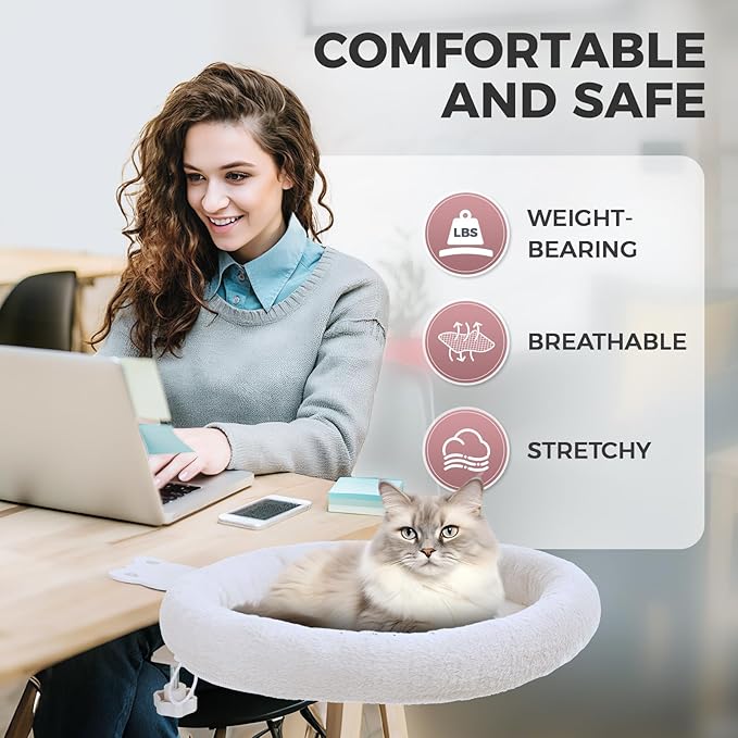 Rotating Cat Desk Bed for Remote Workers, Home Office Staff and Gamers ，Quality Soft Cat Bed, 360° Swivel, Removable Washable Cushion, Comfortable and Easy to Assemble, Supports up 40 lbs(White)