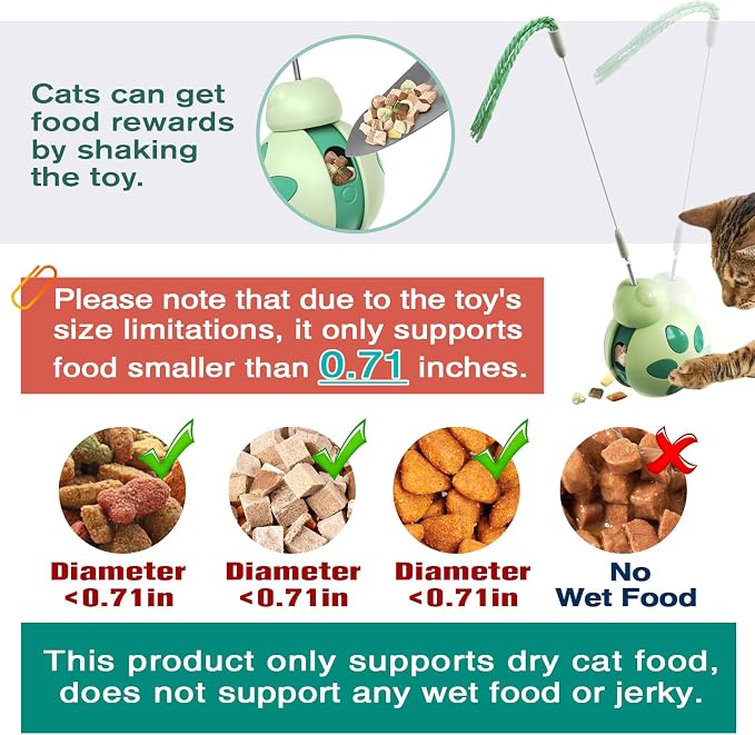 Cat Treat Dispenser Tumbler Food Toy Cat Slow Feed Ball Wand Teaser (Green)