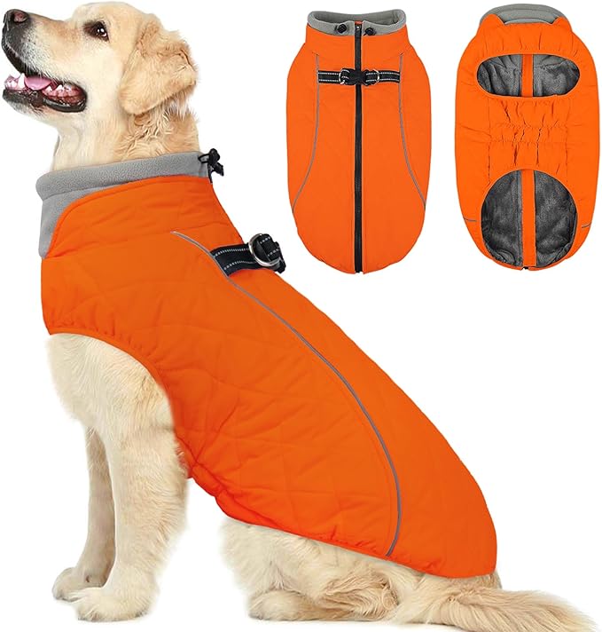 QBLEEV Dog Coat for Large Dogs, Winter Warm Fleece Vest, Waterproof & Windproof with Adjustable Fit, Built-in Harness, Reflective Trim & Zip-Up for Safe Cozy Walks — Orange, XXL, for Labrador, Husky