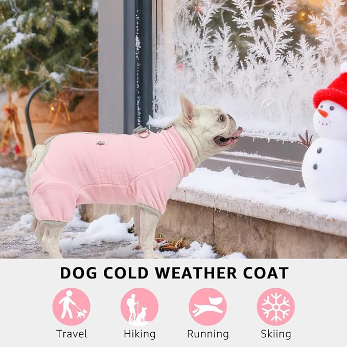 SCENEREAL Fleece Dog Winter Coat with Harness Built in, Soft Pajamas Warm Dog Sweater, Cold Weather Pet Jacket Jumpsuit Apparel Outfit for Medium Dogs Walking Hiking Sleep, Pink M