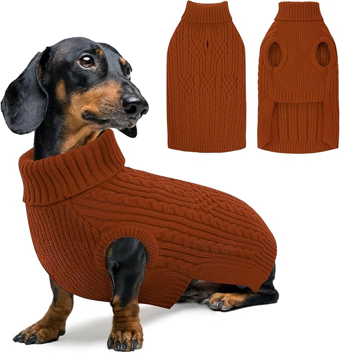 SUNFURA Small Dog Sweater, Christmas Dog Sweaters Fall Winter, Warm Sweaters with Harness Hole, Turtleneck Pullover for Dogs Girls Boys, Puppy Sweatshirt Knitwear Clothes for Dachshund, Brickred S