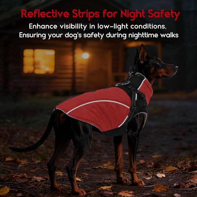 ASENKU Reflective Dog Coat with Built-in Harness, Windproof Fleece-Lined Dog Jacket for Small, Medium, Large Dogs, Warm Winter Vest with Turtleneck & Zipper (Red XS)
