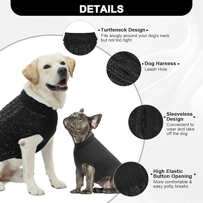 Medium Dog Sweater, Classic Cable Knit Warm Dog Sweatshirt with Reflective Yarn for Girl Boy, Halloween Fall Winter Coat Turtleneck Pullover Clothes Apparel for Small Medium Large Dogs Black M