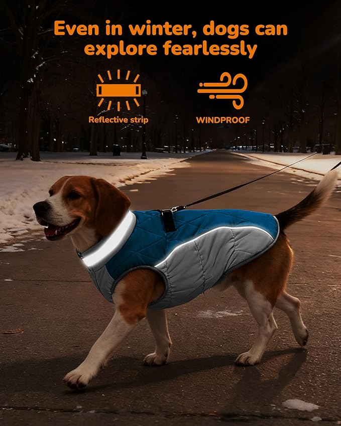 Dog Coat for Small Dogs, Adjustable Dog Jackets for Cold Weather, Reflective Winter Coat with Built-in Harness, Snowsuit Fits Dogs 5-8 lbs and Up, Size XS Blue