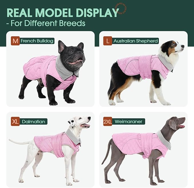 Kuoser Dog Coat, Super-Warm Dog Jacket Windproof Pet Cold Weather Coats for Extra Large Dogs, Fleece Lining Quilted Turtleneck Puppy Snowsuit Reflective Adjustable Doggie Winter Clothes, Pink, 3XL