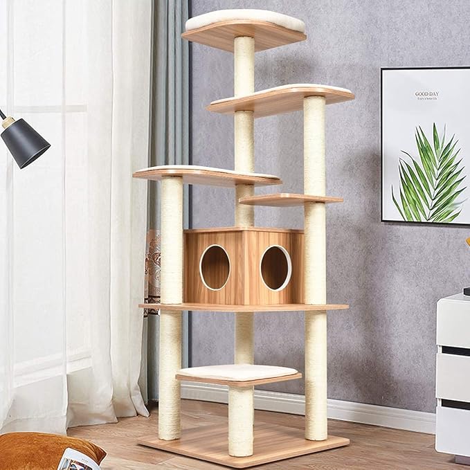 Tangkula Tall Cat Tree, 69-Inch Modern Cat Tower with Sisal Rope Scratching Posts, Wood Cat Tree with Multi-Layer Platform, Cat Condo Furniture with Washable Cushions for Indoor Cats Large Adult