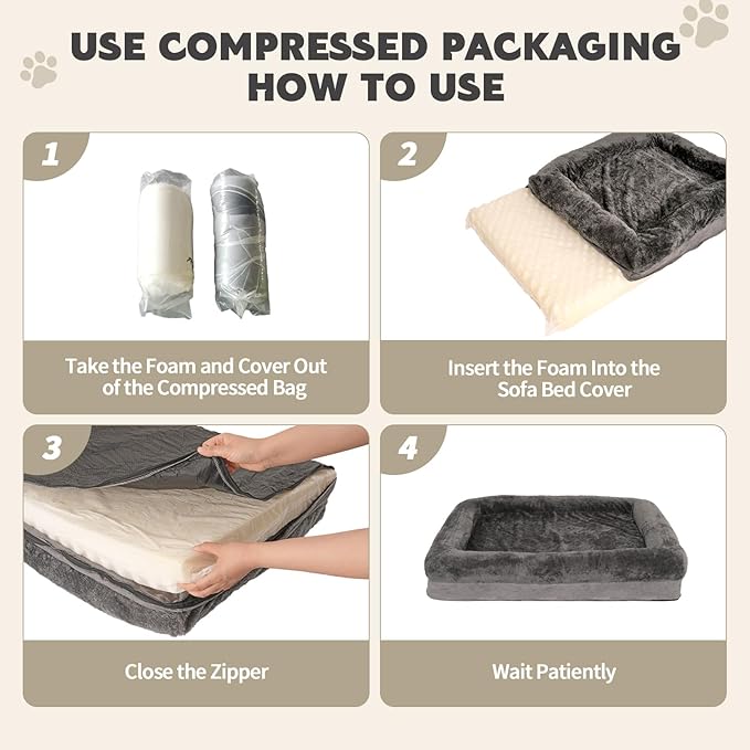 Dog Bed Waterproof Medium/Large Sized XL Foam Pet Beds Removable Washable Cover Dog Sofa Egg Crate Foam Support with Zipper Bottom Bolster Deluxe Plush Mat (34.6x26x7.5in+Grey)