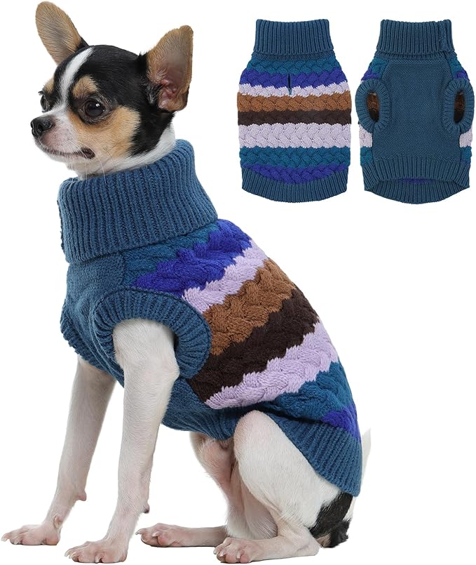 Kuoser Dog Sweater, Christmas Dog Sweaters for Extra Small Dogs Soft Warm Doggie Sweater Colorful Cable Knitted Vest, Pet Thermal Turtleneck Fall Winter Kniwear for Xmas Thanksgiving, Blue XS