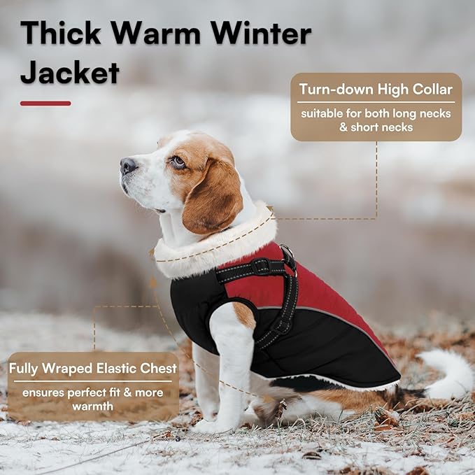Queenmore Large Dog Coat - Winter Jacket with Harness Built-in for Large Dogs, Cold Weather Waterproof High-Vis Outdoor Snowsuit Parka Jacket - Zipper, Easy On, Adjustable Red/Black, L
