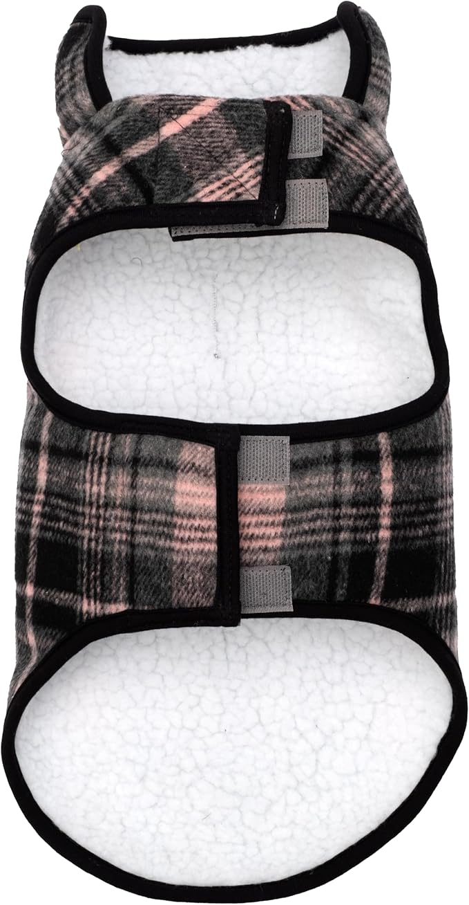 THE WORTHY DOG Alpine Plaid Dog Jacket – Wind-Resistant Winter Coat with Cozy Faux Shearling Lining, Adjustable Fit & Harness Hole – Machine Washable – Pink, Size 24