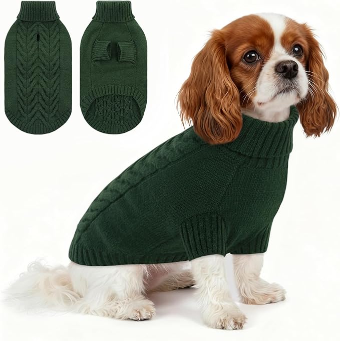 Dog Sweaters for Small Dogs Classic Turtleneck Dog Christmas Sweater Thick Warm Pullover Male Puppy Pet Stretch Knitwear Fall Winter Clothes with Leash Hole(Green, S)