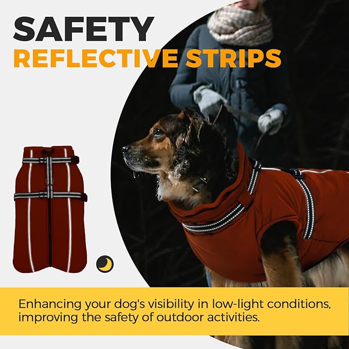 Lelepet Dog Winter Coat Waterproof Dog Jacket with Harness Built in Windproof Reflective Pet Coats for Small Medium Large Dogs, Thermal Fleece Lined Coats for Cold Weather Walking Hiking, Orange, M