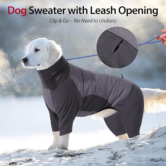 Dotoner Dog Sweater Warm Fleece Pullover Winter Sweatshirt with Turtleneck Leash Opening Waterproof Back Four Leg Cozy Clothes for Medium Large and Small Dogs