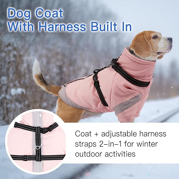Turtleneck Dog Coat with Harness Built in - S,Soft Warm Lining | Adjustable Reflective Harness Coats for Small Dogs,Snow Day Water-Repellent,Windproof & Cold-Resistant Jacket (Light Pink)