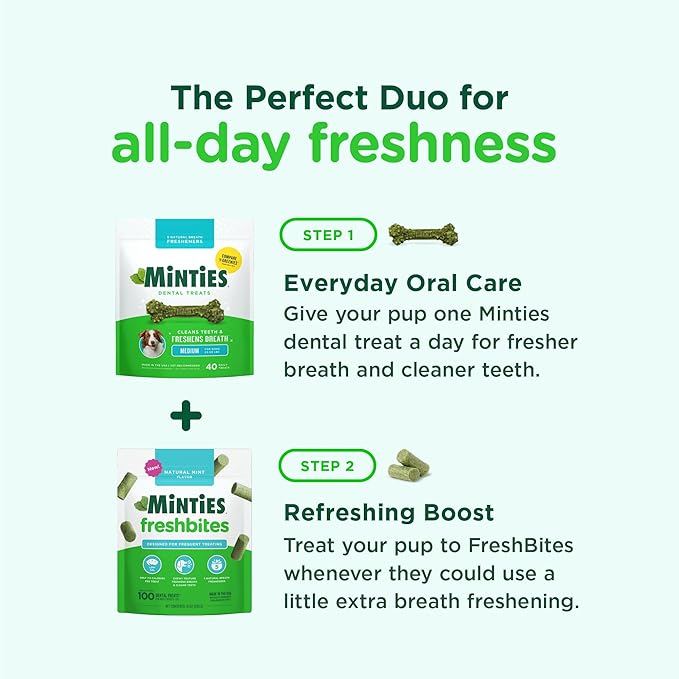 Minties FreshBites Soft and Chewy Dental Treats for Dogs, Low Calorie Natural Mint Flavored Dental Chews for Dogs, 50 Count, Chews Clean Teeth, Fight Bad Breath, and Removes Plaque and Tartar
