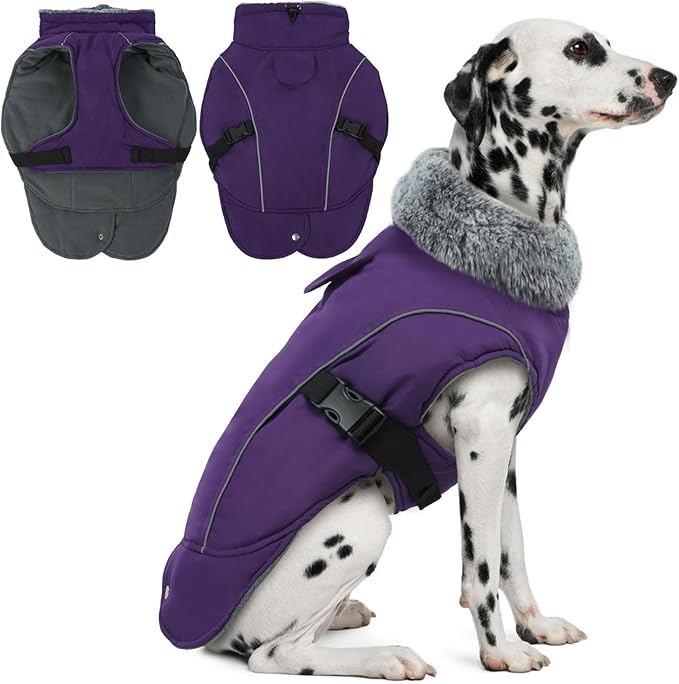 DENTRUN Winter Warm Dog Coat Reflective Jacket with Turtleneck for Cold Weather, Adjustable Buckle Windproof Water Repellent, Thick Snowsuit Fleece Vest for Small, Medium, Large Dogs, Purple, L