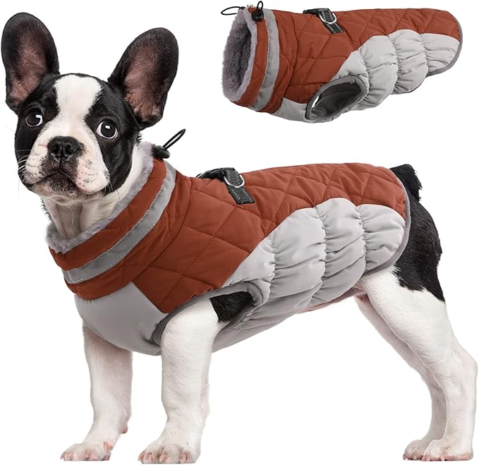 FUAMEY Dog Coat for Small Dogs,Waterproof Dog Winter Jacket with Harness Built in Puppy Cold Weather Coats Reflective Pet Vest with Zipper Warm Fleece Dogs Snowsuit Windproof Brown S