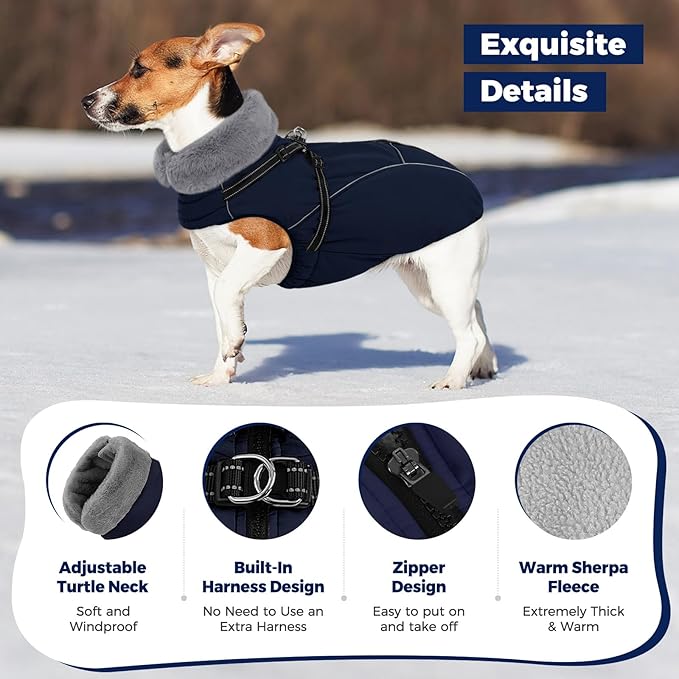 Queenmore Large Dog Jackets,Dog Coats for Extra Large Dogs with Harness Built in,Reflective Waterproof Dogs Jackets with Fleece Lining,Warm Snowsuit Pet Coats for German Shepherd,NavyBlue,XXXL