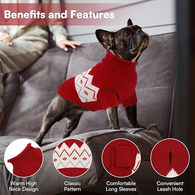 Queenmore Warm Dog Sweater, Soft Pet Knitwear, Knitted Pullover, Winter Pet Clothes for Small Medium Dogs Cats Red