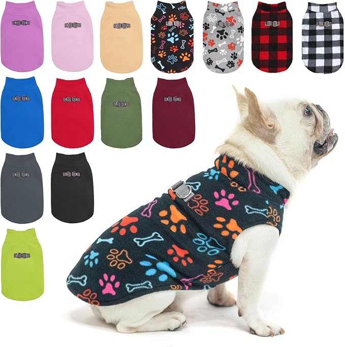 BEAUTYZOO Small Dog Sweater Fleece Vest Winter Jacket, D-Ring Leash Attachment for XS S Puppy Medium Sized Breeds Dogs, Cold Weather Dog Clothes Windproof Keep Warm, Black Bones Paw L