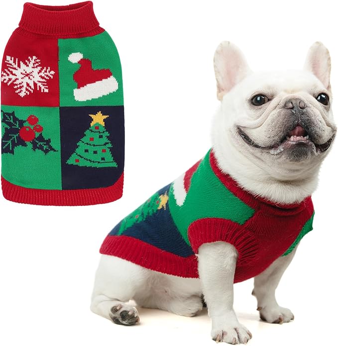KOOLTAIL Christmas Dog Sweater, Cold Weather Pet Knitted Sweater Turtleneck Pullover, Red Green Color Design Doggie Sweatshirt, Thick Warm Dog Winter Clothes for Small Medium Large Dogs Boys Girls, M