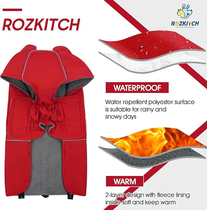ROZKITCH Dog Raincoat Jacket, Waterproof Windproof Winter Coat with Fleece Liner and Leash Hole Reflective Strip for Large, Adjustable Poncho Vest for Outdoor Hiking Travel Red XL