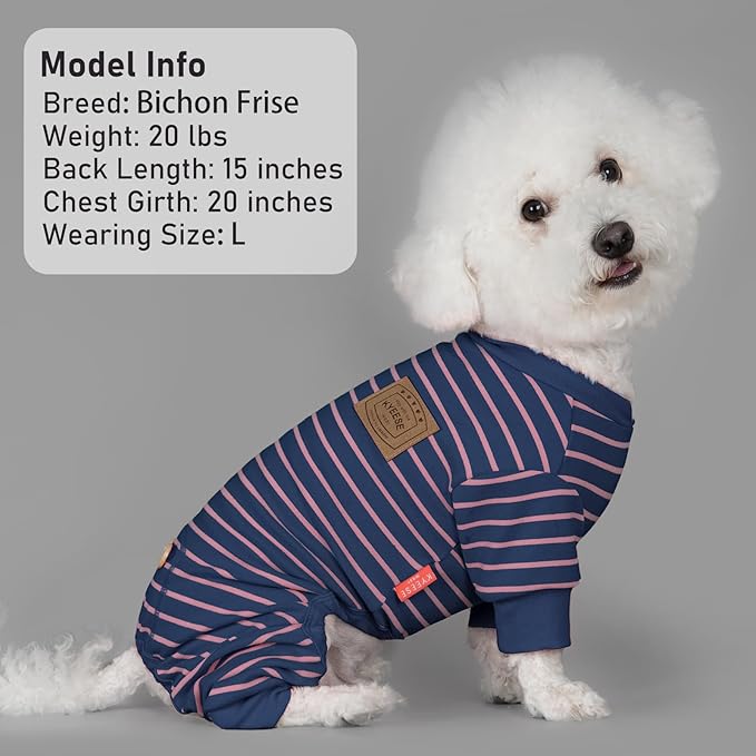 KYEESE Dog Pajamas, Stretchable Velvet Fleece 4 Legs Doggie Onesie, Striped Dog PJS for Small Dogs, Puppy Pajamas Soft Cozy Pet Outfit, Comfortable Sleepwear Cat PJS,Navy Blue Striped, X-Small