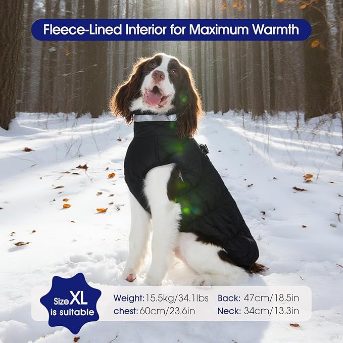 FUAMEY Dog Coat for Medium Dogs,Waterproof Dog Winter Jacket with Harness Built in Puppy Cold Weather Coats Reflective Pet Vest with Zipper Warm Fleece Dogs Snowsuit Windproof Solid Black M