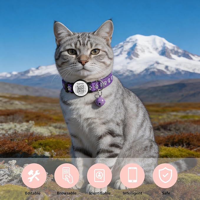 2 Pack Airtag Cat Collar, Breakaway Cat Airtag with Smart ID tag & QR Code Reflective (Reflective Strip & Paw Pattern - Purple, Collar Only)
