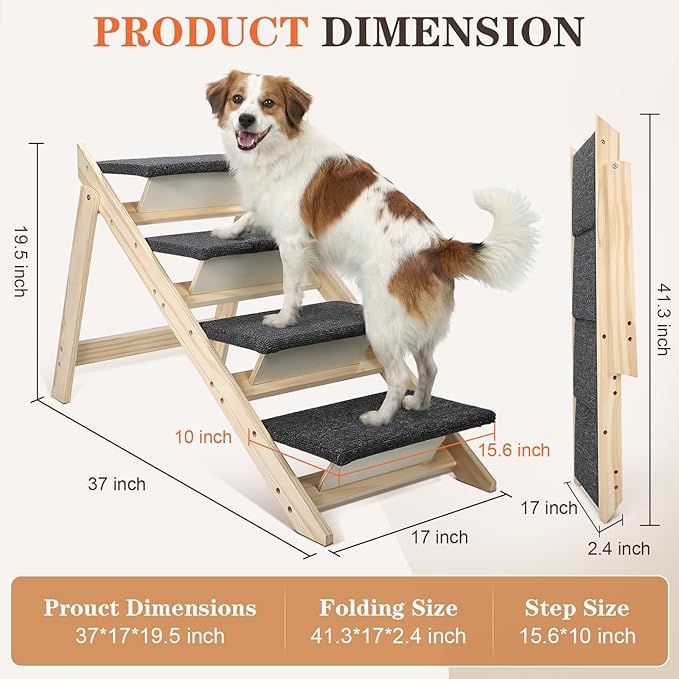 Foldable Dog Stair 2-in-1 with 4 Steps, New Zealand Pine Frame and Non-Slip Carpet Suitable for High Beds, Car,Couch, Durable Wooden Pet Stairs for Small Medium and Large Dogs, No Assembly Required