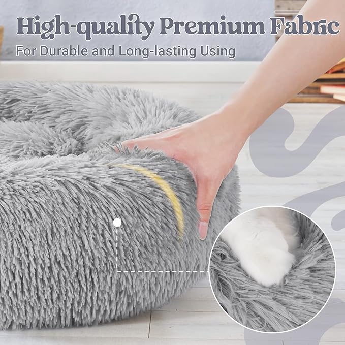 rabbitgoo Calming Dog Bed for Small Medium, 30 inches Pet Bed Machine Washable, Non-Slip Round Fluffy Plush Faux Fur Large Cat Cushion, Soft Donut Cuddler Cushion for Small Dogs, Light Grey