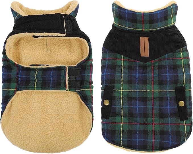 Queenmore Dog Winter Coat Warm Dog Jacket for Cold Weather, Quilting Puffer Plaid Coats for Small/Medium Dogs Waterproof,Girl/Boy Pet Christmas Coat,Pet Snowsuit with Leash Hole/Fleece Padding, S