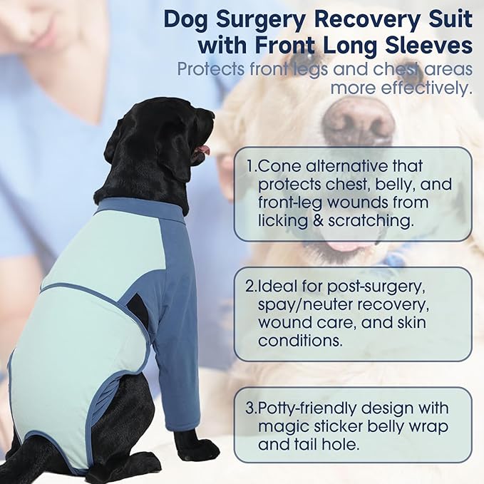 LeLePet Recovery Suit for Dogs After Surgery, Female Spay and Male Neuter Suits, Dog Onesie for Surgery Prevent Licking Breathable Soft Recovery Suit with Long Sleeve Front Legs Dog Cone Alternative
