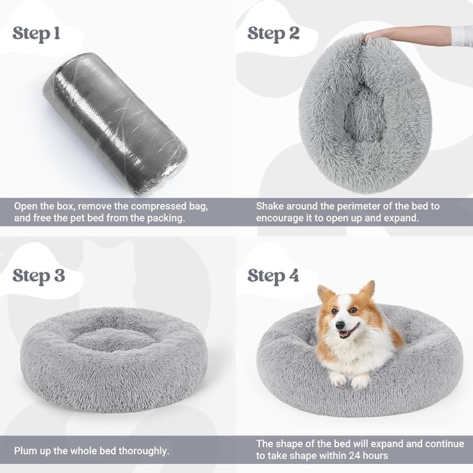 rabbitgoo Calming Dog Bed for Small Medium, 30 inches Pet Bed Machine Washable, Non-Slip Round Fluffy Plush Faux Fur Large Cat Cushion, Soft Donut Cuddler Cushion for Small Dogs, Light Grey