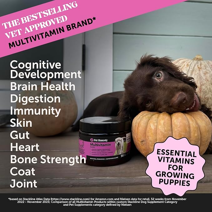 Multivitamin Puppy Treats - Essential Dog Supplements & Vitamins for Learning and Cognitive Development- Probiotics, Omega Fish Oil for Health, Heart & Immunity - Dog Health Supplies