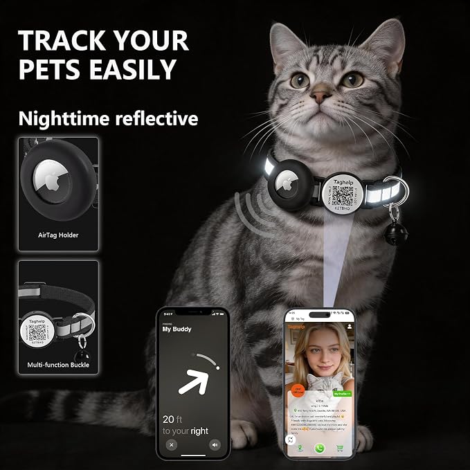 2 Pack Airtag Cat Collar, Breakaway Cat Airtag with Smart ID tag & QR Code Reflective (Reflective Strip & Paw Pattern - Black, with Integrated AirTag Holder)