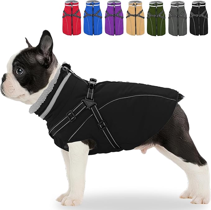 Fragralley Dog Coat with Harness Built in, Waterproof Windproof Reflective Warm Puffer Jacket, Fleece Lined Vest Winter Parka for Small, Medium, Large Dogs