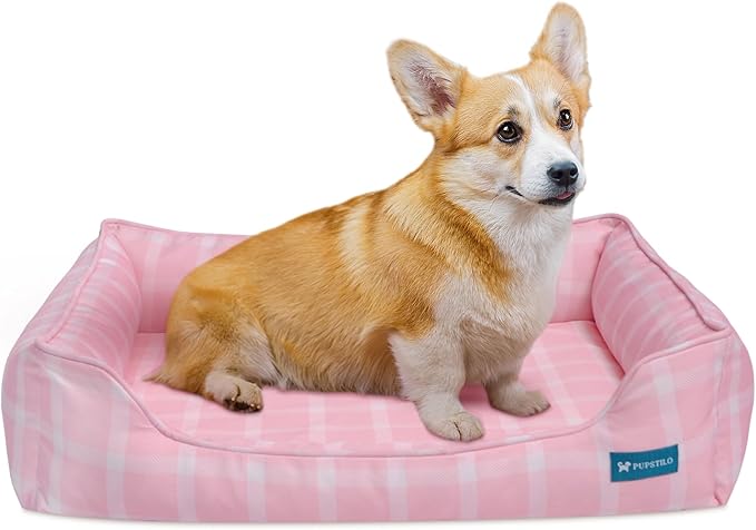 Pupstilo Orthopedic Bolster Dog Bed – CertiPUR-US Foam, Recycled Polyester Canvas, Washable Cover, Anti-Slip Bottom, Medium, Pink Check – Stylish Designer Dog Sofa