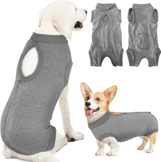 Lukovee Recovery Suit for Dogs, Onesie Surgery Recovery Suit for Female Male Dogs, Abdominal Wounds Cone E-Collar Alternative Prevent Licking Spay Recovery Suit (Grey,Small)