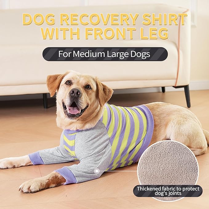 FUAMEY Dog Recovery Sleeve with Elbow Protector,Dogs Shirt Stop Licking Joints,Pet Long Sleeve Suit Protecting Dog's Front Leg Arm Wounds Cover Skin Conditions Purple Stripes S