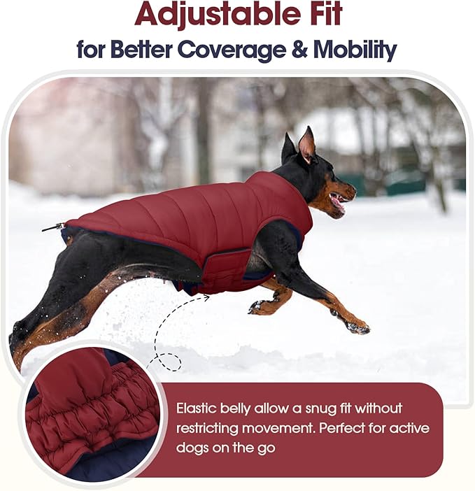 QBLEEV Reversible Dog Jacket for Large Dogs, Waterproof Windproof Winter Coat with Adjustable Hook & Loop Design, Lightweight Puffer Vest Keeps Dogs Warm & Dry, Wine Red, XL – Fits Pitbull, Boxer