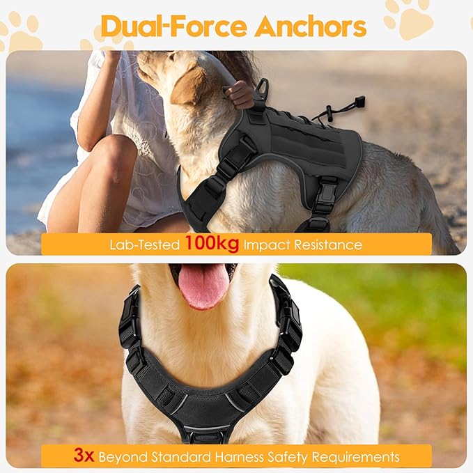 Heavy-Duty Tactical Dog Harness for Large Dogs, No Pull Adjustable Reflective Pet Vest with Molle System, K9 Military-Grade Control for Service Training, Outdoor & 10+ Breeds, Black, Large